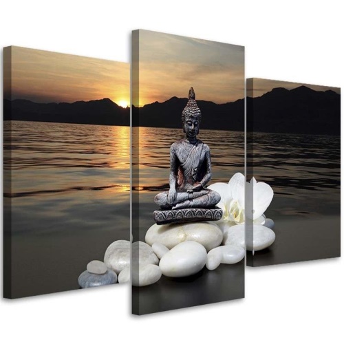 Obraz na plátně třídílný Buddha Zen Západ slunce