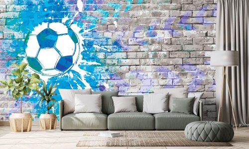 Tapeta modrá futbalová lopta na tehlovej stene