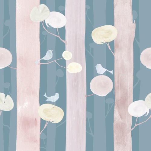 Tapeta vtáčiky na stromoch s modrým pozadím - 75x1000 cm