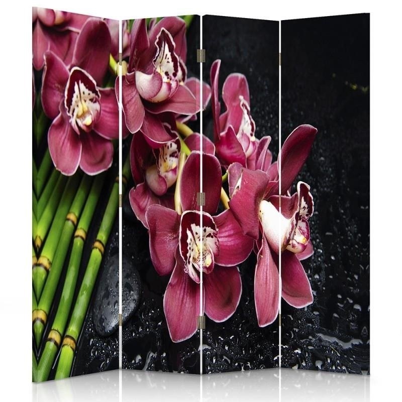 Ozdobný paraván, Orchidej s bambusem - 145x170 cm, štvordielny, obojstranný paraván 360°
