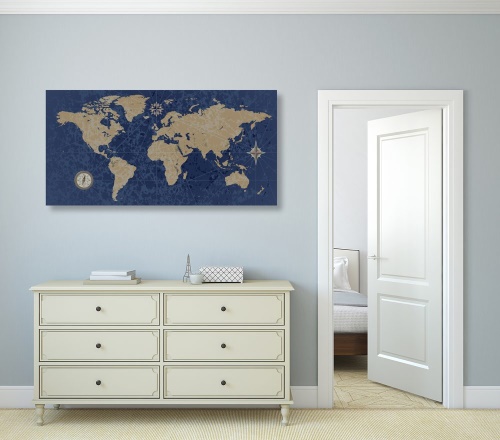 Obraz mapa sveta s kompasom v retro štýle na modrom pozadí