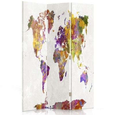 Ozdobný paraván Mapa světa - 110x170 cm, trojdielny, obojstranný paraván 360°
