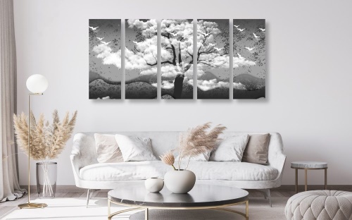 5-dielny obraz čiernobiely strom zaliaty oblakmi