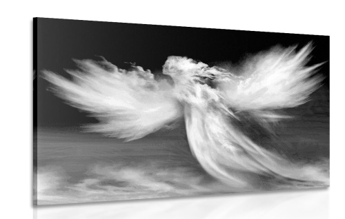 Obraz podoba anjela v oblakoch v čiernobielom prevedení