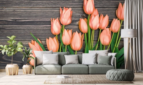 Samolepiaca fototapeta oranžové tulipány na drevenom podklade