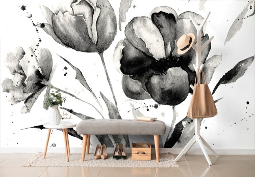Samolepiaca tapeta čiernobiele tulipány v zaujímavom prevedení