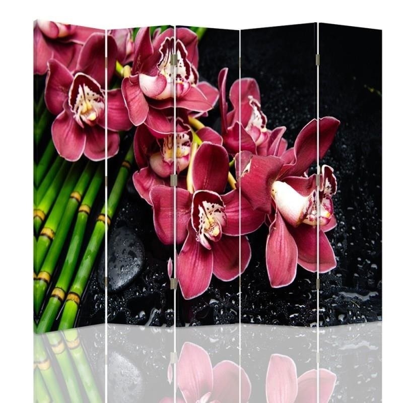 Ozdobný paraván, Orchidej s bambusem - 180x170 cm, päťdielny, obojstranný paraván 360°