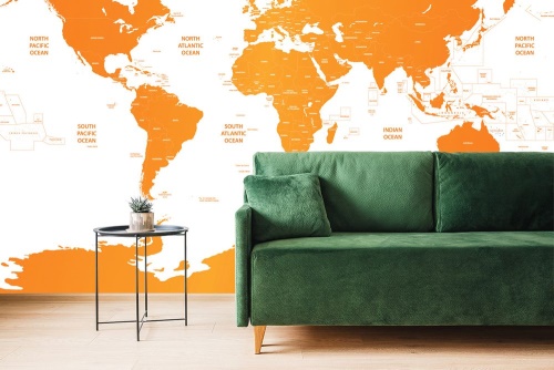 Samolepiaca tapeta mapa sveta s jednotlivými štátmi v oranžovej farbe
