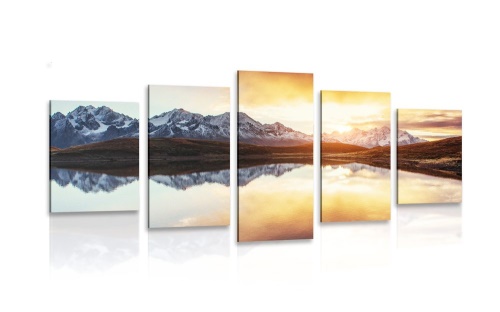 5-dielny obraz oslnivý západ slnka nad horským jazerom
