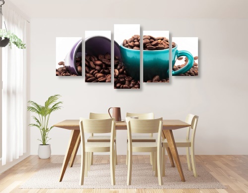 5-dielny obraz šálky s kávovými zrnkami