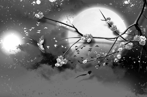 Samolepiaca tapeta čiernobiele konáre stromu za splnu mesiaca