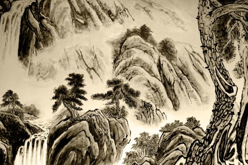 Obraz čínska krajinomaľba v sépiovom prevedení