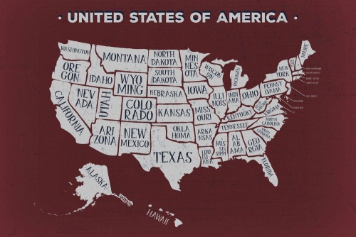 Obraz náučná mapa USA s bordovým pozadím