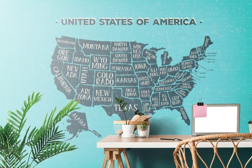 Samolepiaca tapeta náučná mapa USA s modrým pozadím
