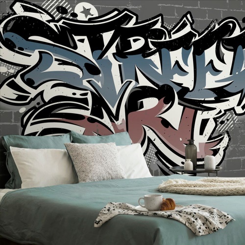Samolepiaca tapeta s tehlovou imitáciou a nápisom Street Art