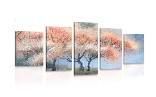 5-dielny obraz akvarelové kvitnúce stromy