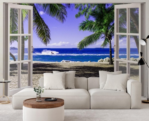 Fototapeta, Okno s výhledem na tropickou pláž