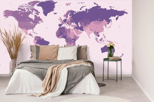 Samolepiaca tapeta detailná mapa sveta vo fialovej farbe