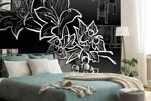 Samolepiaca tapeta čiernobiela kvetinová ilustrácia