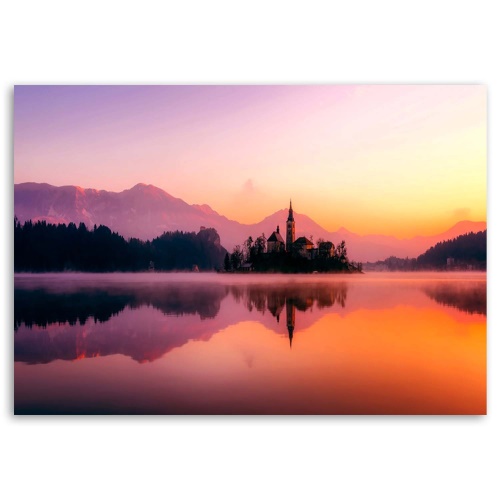Obraz na plátně Mountain Lake Castle Purple