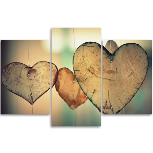 Obraz na plátně třídílný Srdce Wood Love Retro