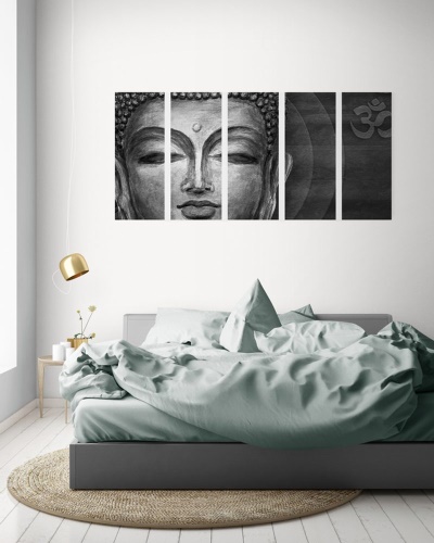 5-dielny obraz tvár Budhu v čiernobielom prevedení