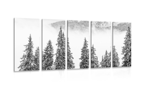 5-dielny obraz zasnežené borovicové stromy v čiernobielom prevedení