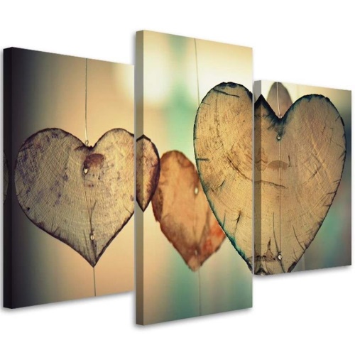 Obraz na plátně třídílný Srdce Wood Love Retro