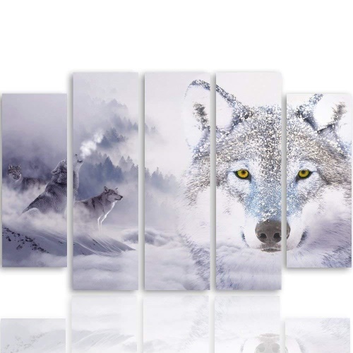 Obraz na plátně pětidílný Wolf Fog Forest Grey