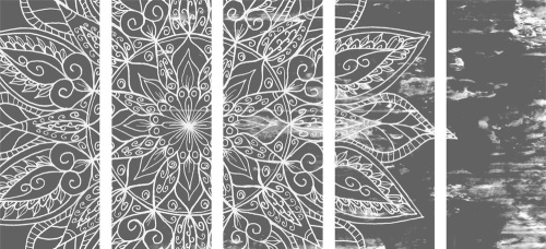 5-dielny obraz textúra Mandaly v čiernobielom prevedení