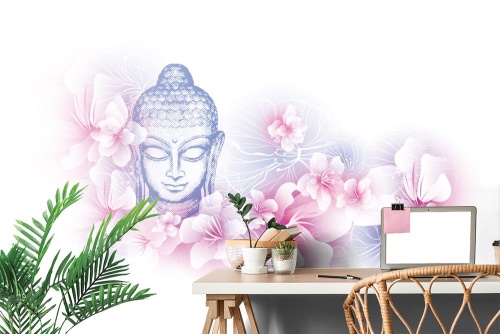 Samolepiaca tapeta Budha s kvetmi sakury