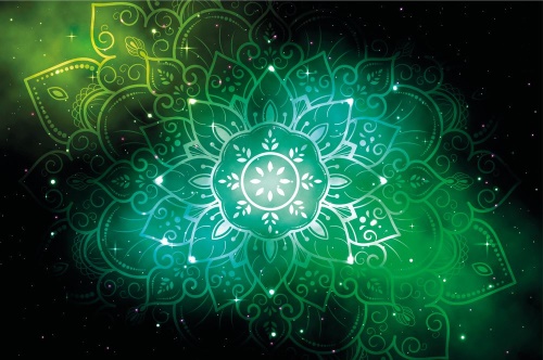 Samolepiaca tapeta zelená Mandala s galaktickým pozadím