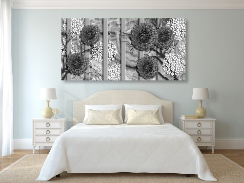 Obraz abstraktné kvety na mramorovom pozadí v čiernobielom prevedení