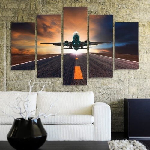 Obraz na plátně pětidílný Letadlo při západu slunce
