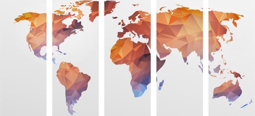 5-dielny obraz polygonálna mapa sveta v odtieňoch oranžovej