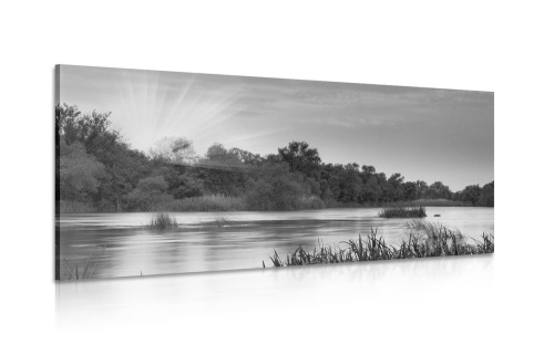 Obraz východ slnka pri rieke v čiernobielom prevedení