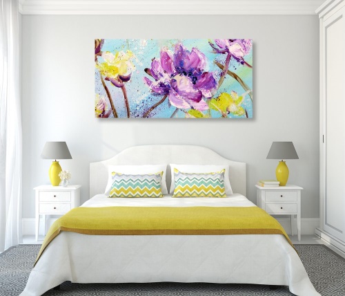 Obraz maľba žltých a fialových kvetov