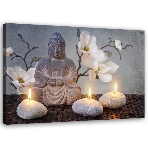 Obraz na plátně, Buddha šedé květiny kámen