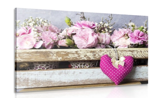 Obraz kvety karafiátu v drevenej bedničke