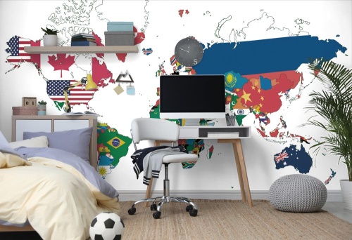 Samolepiaca tapeta mapa sveta s vlajkami s bielym pozadím