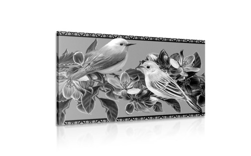 Obraz čiernobiele vtáčiky a kvety vo vintage prevedení