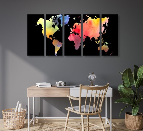 5-dielny obraz mapa sveta v akvarelovom prevedení na čiernom pozadí