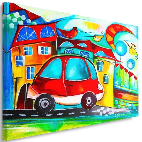 Obraz na plátně, Barevné město Červené auto