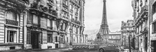 Obraz pohľad na Eiffelovu vežu z ulice Paríža v čiernobielom prevedení