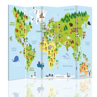 Ozdobný paraván, Mapa světa pro děti - 180x170 cm, päťdielny, klasický paraván
