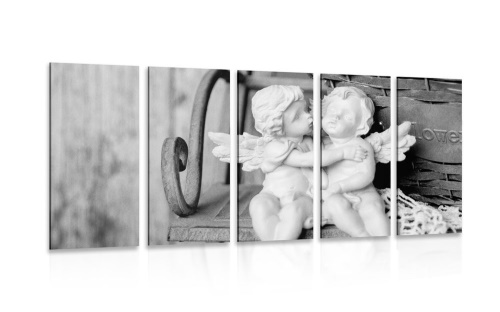 5-dielny obraz sošky anjelikov na lavičke v čiernobielom prevedení