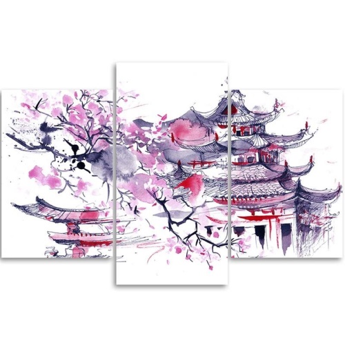 Obraz na plátně třídílný Japonský dům Akvarel Lilac