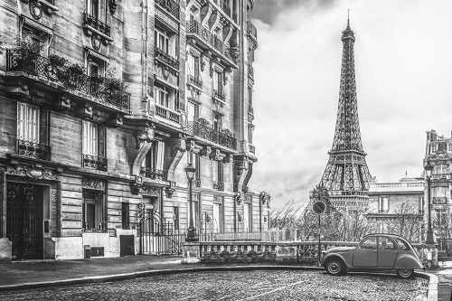 Tapeta čiernobiela Eiffelova veža z ulice Paríža