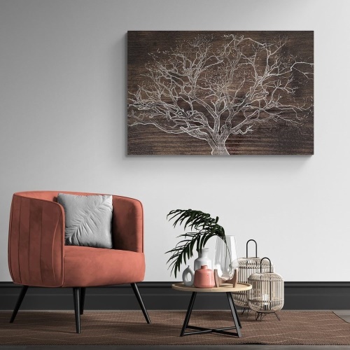 Obraz koruna stromu na drevenom podklade