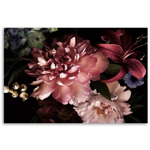 Obraz na plátně, Kytice květin na tmavém pozadí